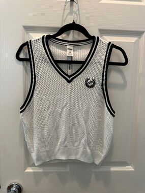 NWT PINK White Mesh Knit Sweater Vest with Black Trim